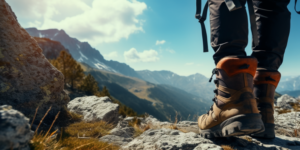 Ein junger Mann ist auf ein Bergplateau gewandert und genießt die Aussicht
