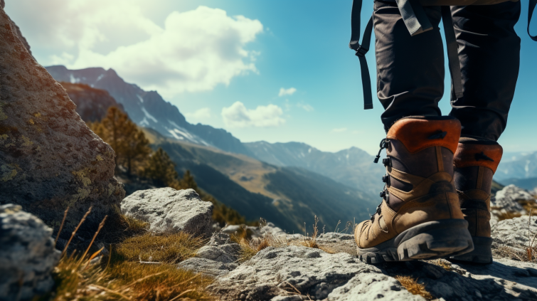 Ein junger Mann ist auf ein Bergplateau gewandert und genießt die Aussicht