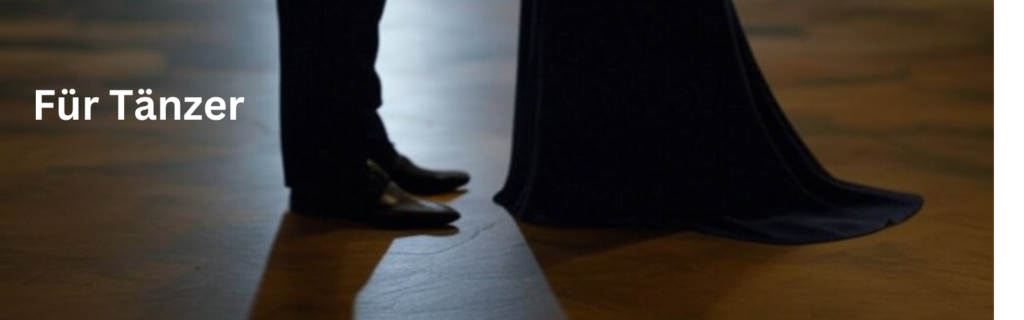 Mann und Frau in Ballkleidung auf dem Tanzboden, stehen sich gegenüber, zu sehen sind die Füße bzw. das lange Kleid. Mehr zu gesunden Füßen bei Tänzern