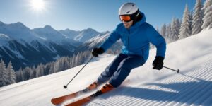Ein Skifahrer saust den Hang herab, sonnige Winterlandschaft